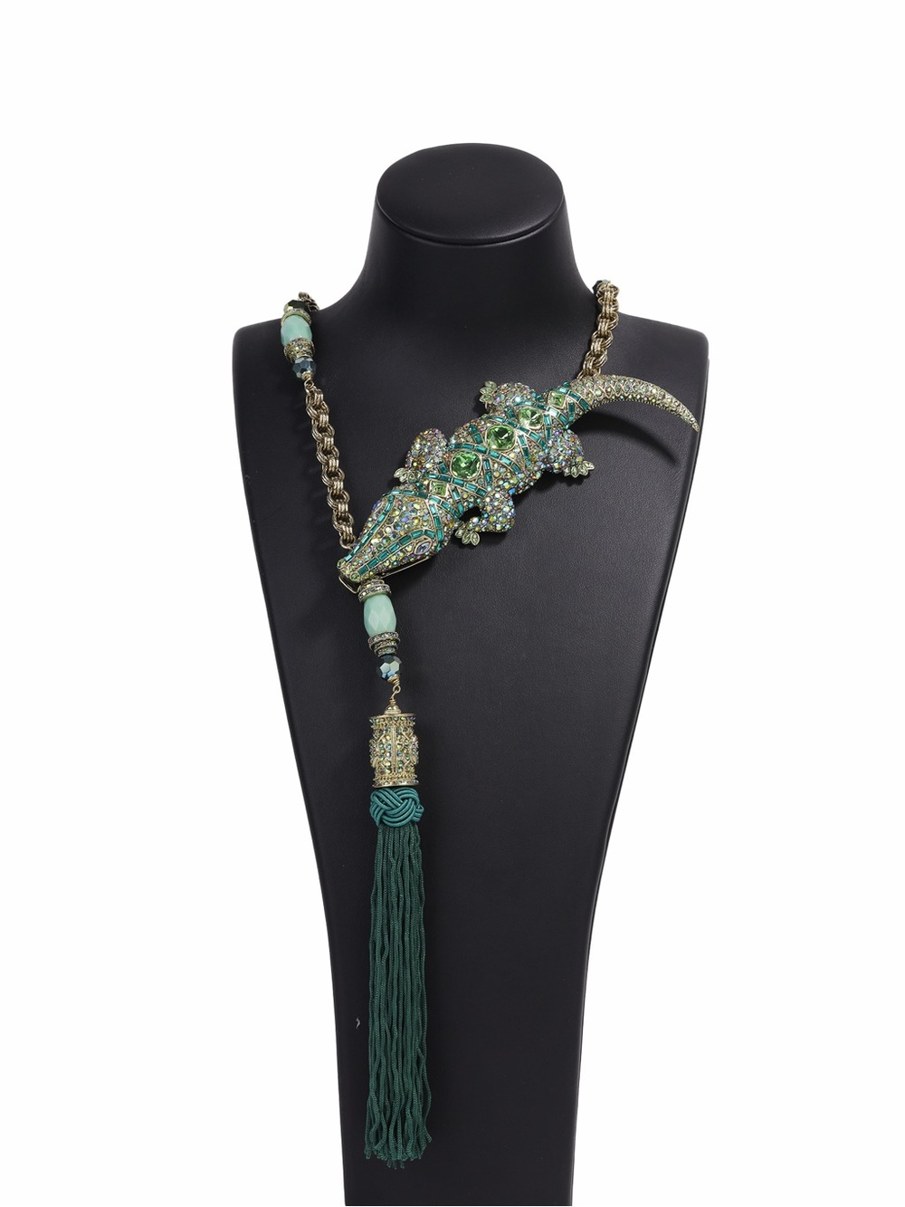 Heidi Daus Crystal Green Alligator Tassel Statement Necklace